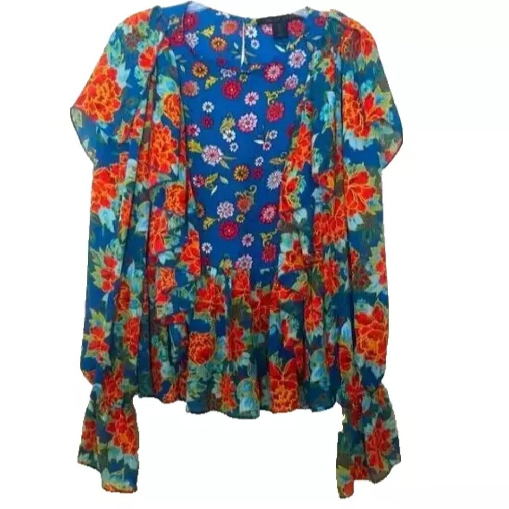 Belle Vere Floral Ruffle Blouse Top Size Small Patchwork Boho Flowy Long Sleeves